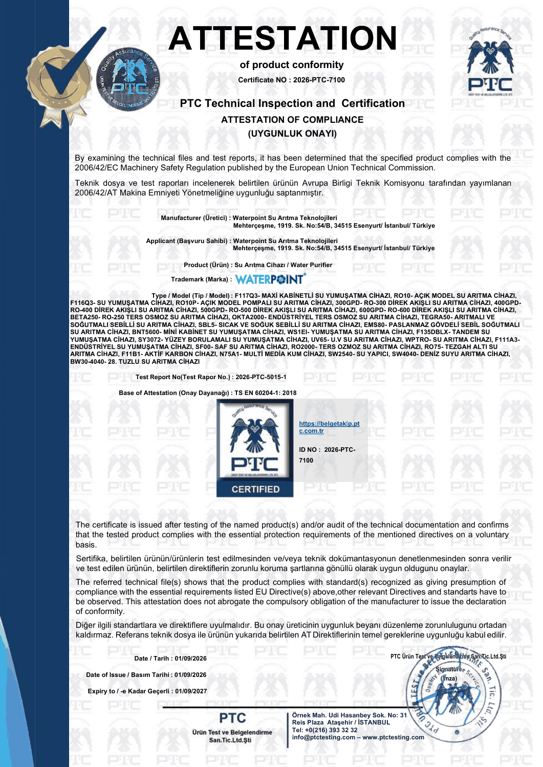 Water Point CE Certificate of Conformity