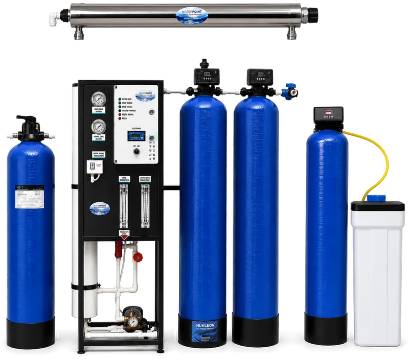 Water Point endüstriyel su arıtma sistemi: ters ozmoz ünitesi, filtre ve yumuşatma tankları, UV sterilizatör