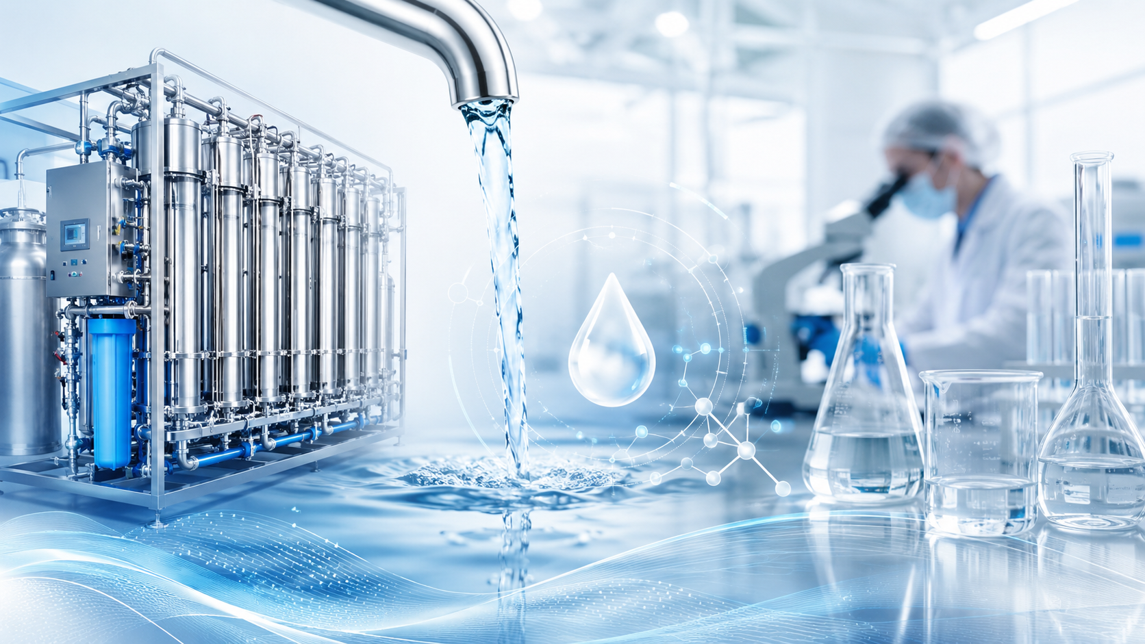Deiyonize su ile saf su arasındaki farkı laboratuvar ve su arıtma teknolojisiyle karşılaştıran kurumsal sahne