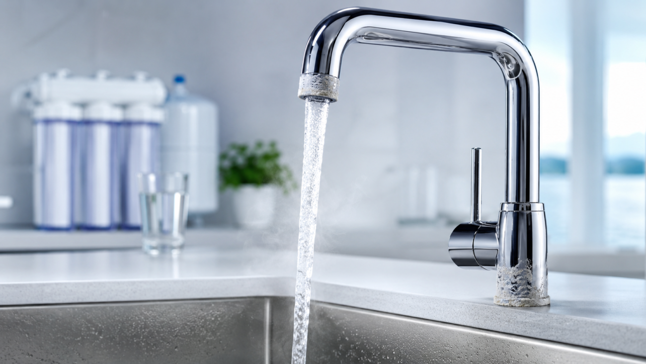A corporate water treatment scene showing the effects of water hardness and limescale on domestic water use