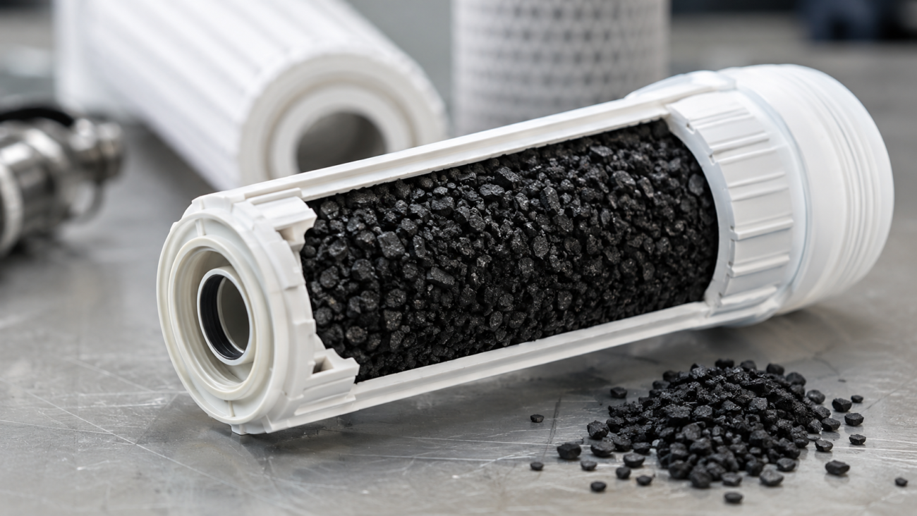 Cut-away of a cartridge showing what an activated carbon filter is