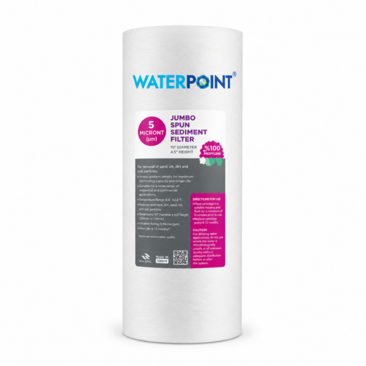 خرطوشة فلتر Big Blue 10 بوصة 5 ميكرون، منظر أمامي عمودي؛ شعار Water Point وملصق وردي ورمادي