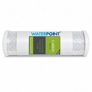فلتر خرطوشة كربون CTO مقاس 10 بوصات؛ ملصق أبيض بشعار Water Point وهيكل مغطى بشبكة وأغطية طرفية بيضاء، منظر أمامي أفقي