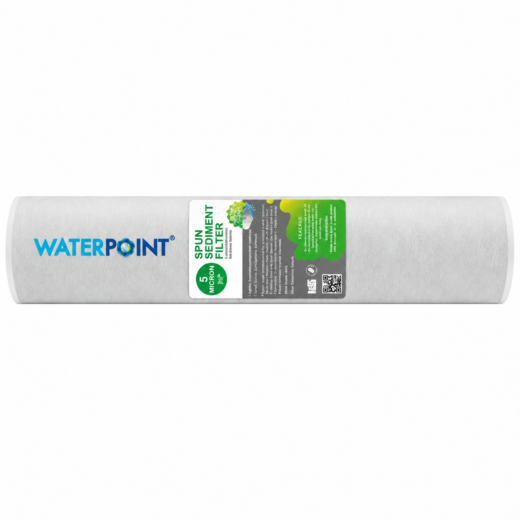 فلتر سبن 30 بوصة 5 ميكرون، منظر أمامي أفقي؛ شعار Water Point وملصق أخضر ورمادي على الجسم