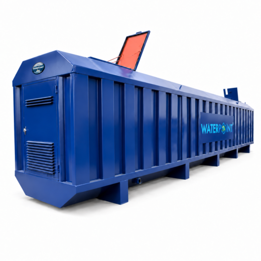 Wastewater Treatment System, blue container body with the Water Point logo, front view