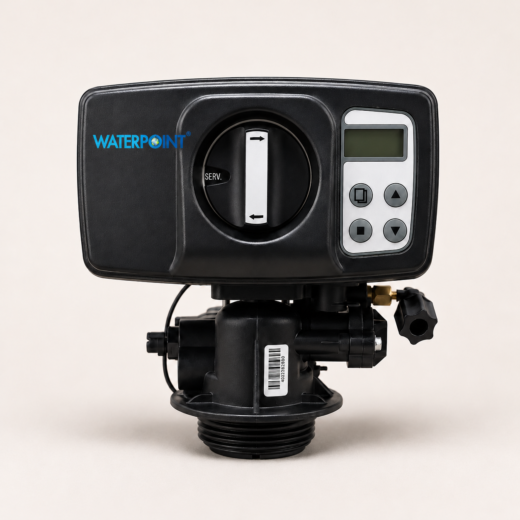 صمام BNT1650T الرقمي بالتحكم في التدفق، منظر أمامي؛ مقبض خدمة دوّار وشاشة LCD وأربعة أزرار ووصلة خزان ملولبة