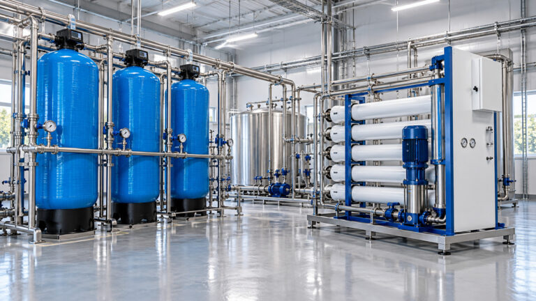 Endüstriyel su arıtma nasıl çalışır: mavi fiberglas filtre tankları ve ters ozmoz ünitesinin bulunduğu aydınlık arıtma tesisi odası