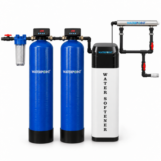 Industrial Water Treatment System from the front: inlet pre-filter, sand and carbon vessels, Maxi cabinet softener and UV unit