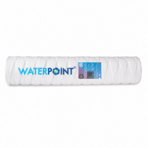فلتر خيطي جامبو 10 بوصة 5 ميكرون، منظر أمامي أفقي؛ شعار Water Point وملصق على الجسم الملفوف بالخيط