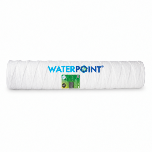 فلتر خيطي جامبو 20 بوصة 5 ميكرون؛ هيكل بخيط أبيض ملفوف وملصق أخضر وشعار Water Point، منظر أمامي أفقي