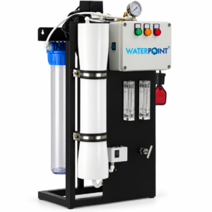 Compact Reverse Osmosis Unit 320 litres/hour from the front: two vertical membrane vessels, three pre-filters, control panel and flow meters