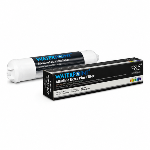 فلتر قلوي pH، 2 بوصة Extra Plus، خرطوشة خطية بيضاء وعلبة سوداء، وعلى كلتيهما عبارة Alkaline Extra Plus Filter