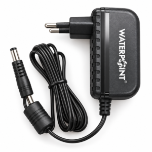 محوّل صمام Runxin الجداري الأسود بجهد 12V وعليه شعار Water Point على خلفية بيضاء، مع كابل ملفوف وقابس DC وفلتر فريت
