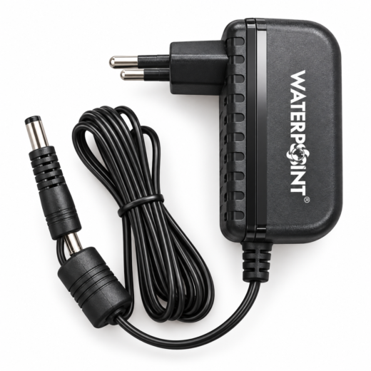 محوّل صمام Runxin الجداري الأسود بجهد 12V وعليه شعار Water Point على خلفية بيضاء، مع كابل ملفوف وقابس DC وفلتر فريت