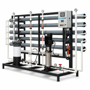 50 Tonne Reverse Osmosis System from the front: horizontal membrane housings, stainless pump and control panel