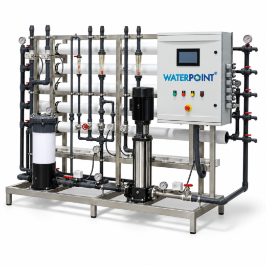 75 Tonne/Day Reverse Osmosis Water Treatment System: horizontal membrane array, vertical-shaft pump and panel on an SS304 stainless frame