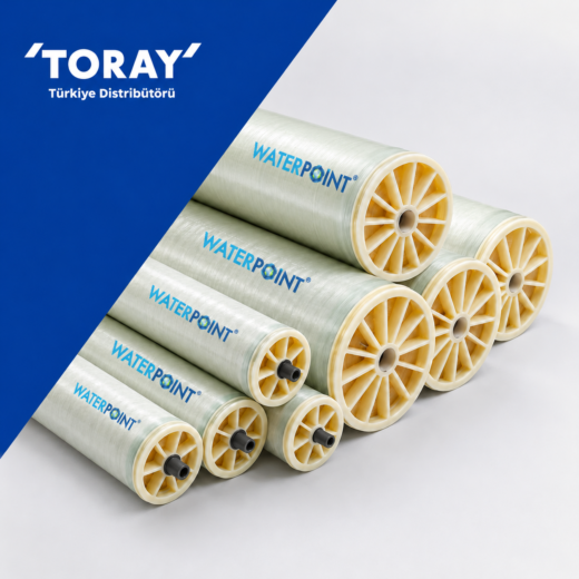 غشاء التناضح العكسي Toray TM720D-400، منظر مكدّس: أغشية بأقطار مختلفة وأغطية طرفية بأذرع شعاعية