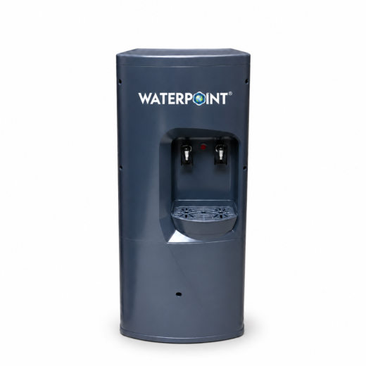 موزّع مياه Water Point Tegra، منظر أمامي؛ هيكل رمادي داكن وصنبوران ومؤشر ضوئي وصينية تقطير مشبّكة