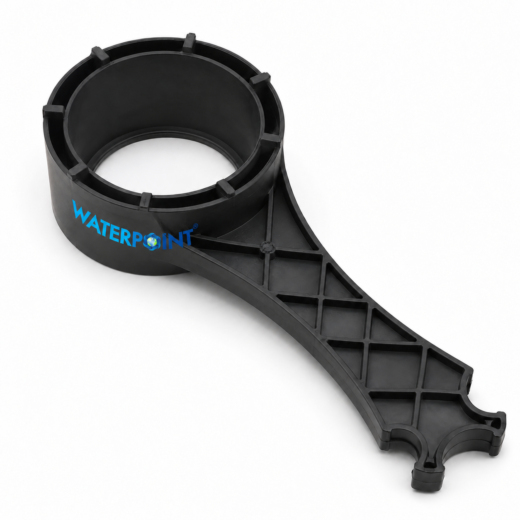 مفتاح فتح صمام Clack WS1، منظر مائل من الأعلى؛ رأس حلقي بنتوءات داخلية ومقبض بأضلاع شبكية