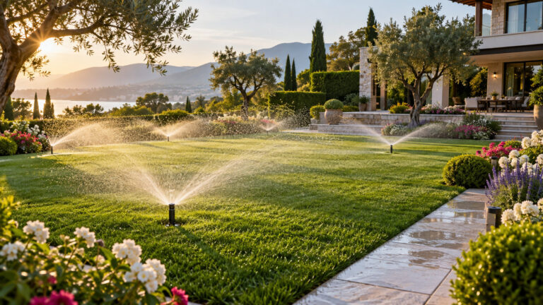 Yumuşatılmış suyla sulama sorusunun merkezindeki villa çimi, sabah ışığında çalışan sprinklerler ve taş yol boyunca çiçek tarhları